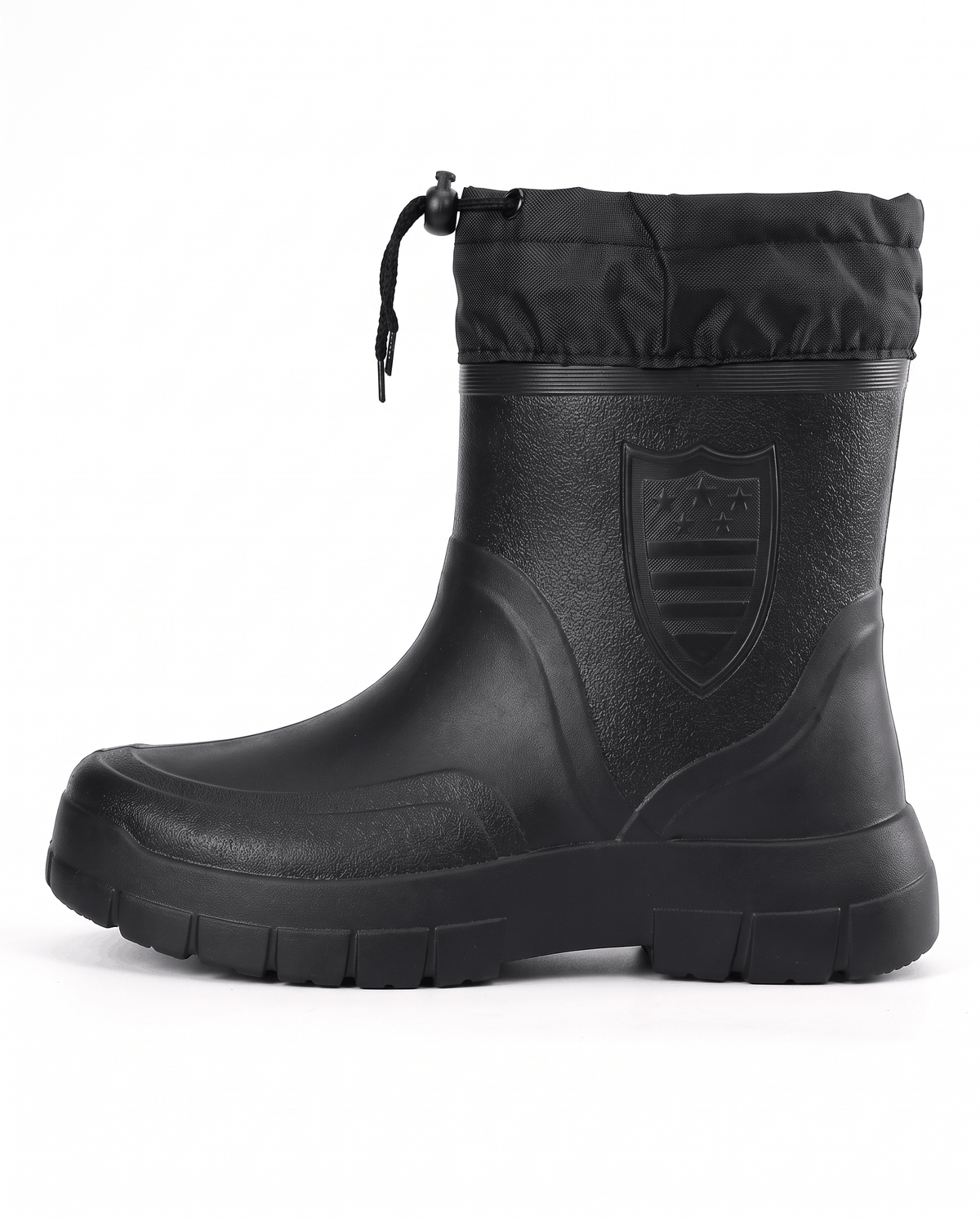 Side profile of a black short boot with cord collar and thick sole