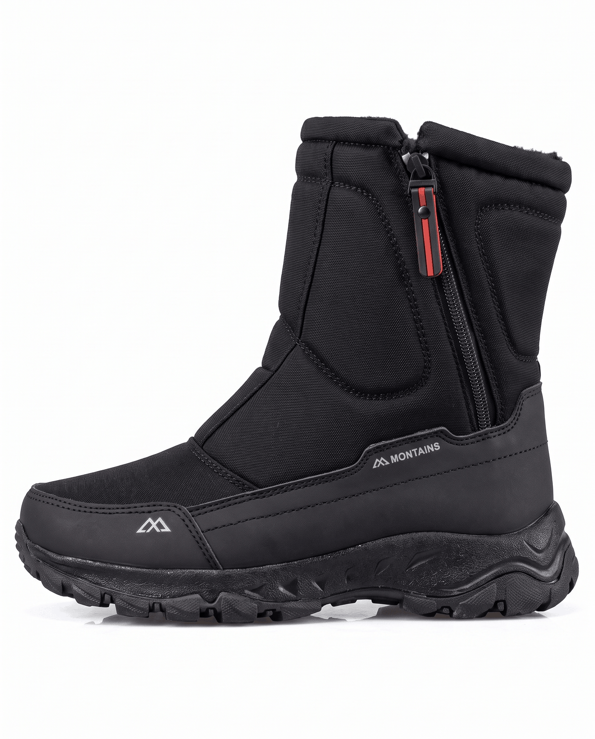 Side view of a black quilted boot with red-brown zipper pull and lug sole
