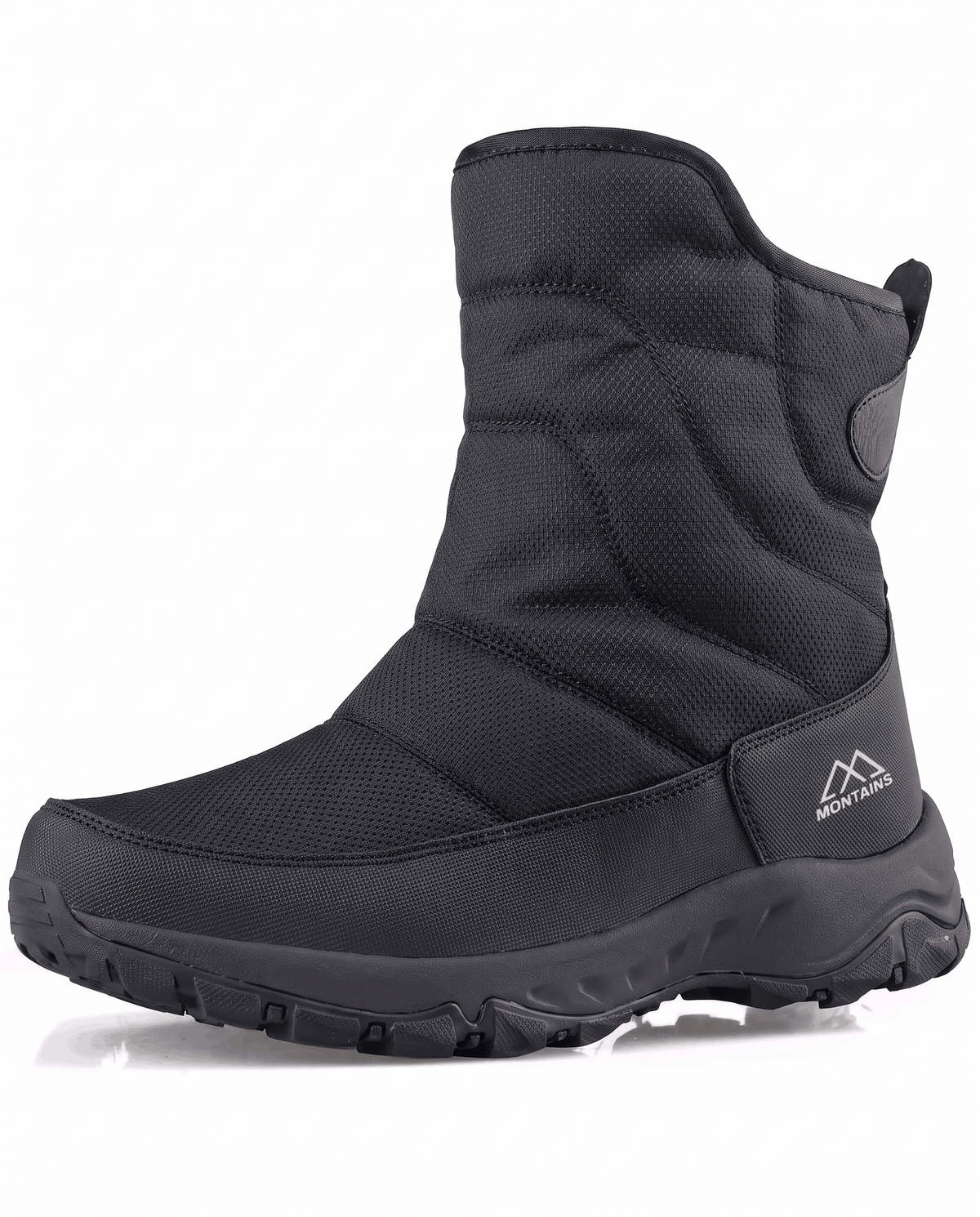 Side profile of a black quilted zip-up boot with fleece collar and thick lug sole