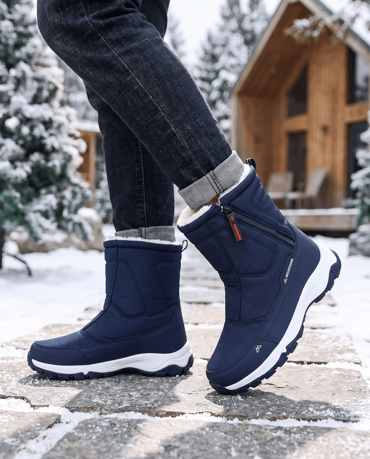 Navy blue zip-up boots worn outdoors beside snow-dusted trees and a wooden cabin