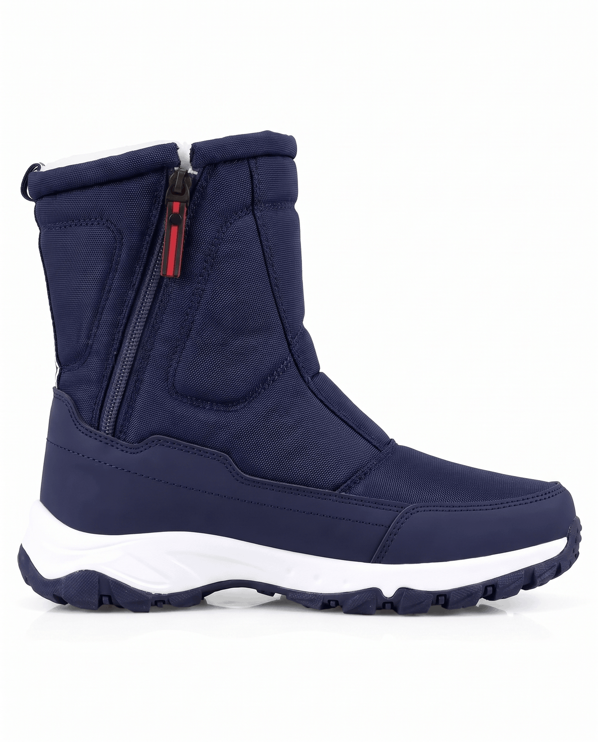 Side view of a navy blue quilted boot with red zipper pull and white-edged sole