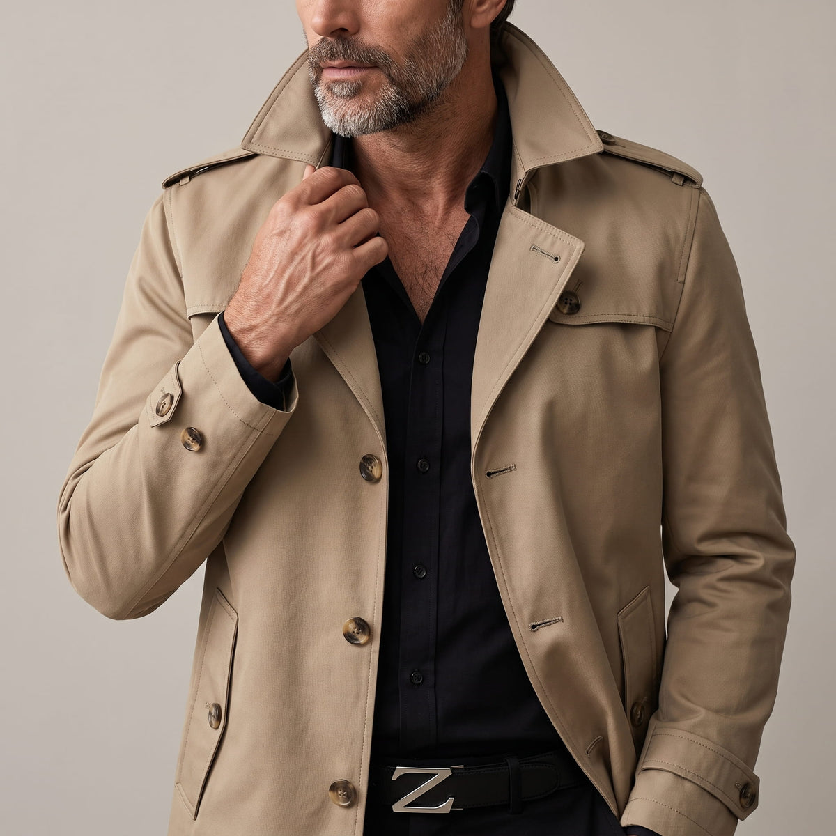 Close-up of khaki trench coat collar and buttons, model holding the lapel
