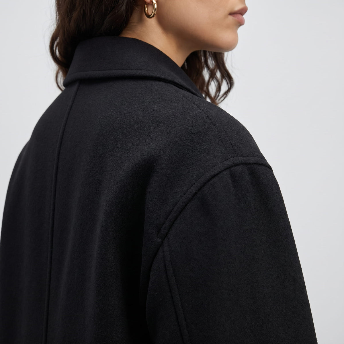 Detail of black coat collar and shoulder seam seen from behind