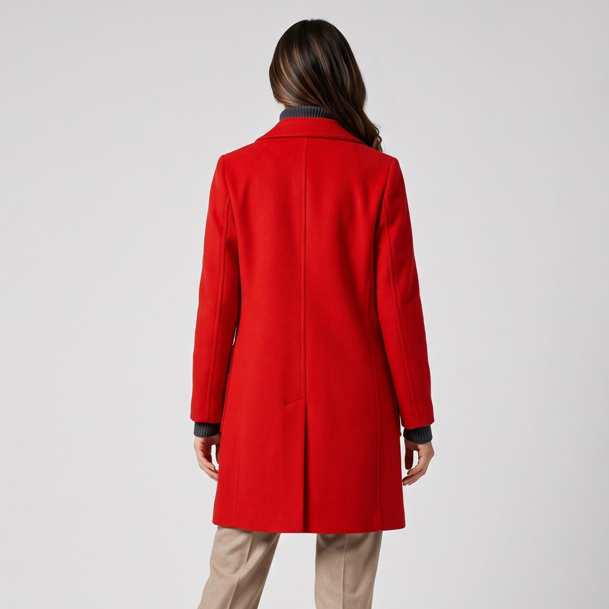 Back view of cherry red coat showing the center back vent
