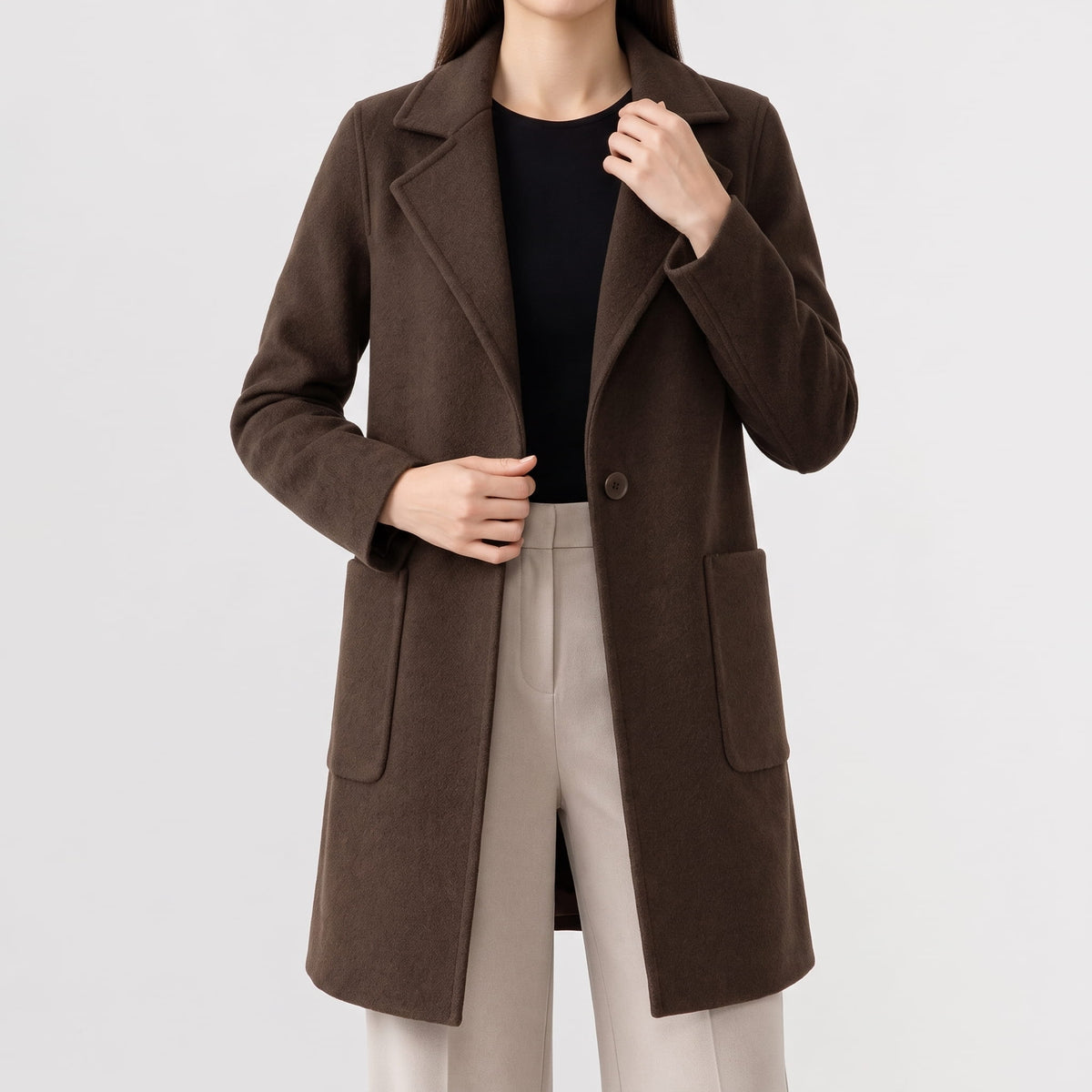 Coffee brown coat worn open, showing button front and patch pockets