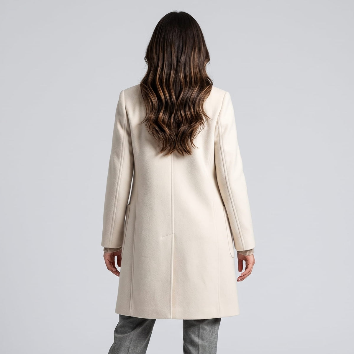 Back view of cream coat with long sleeves and a straight hem