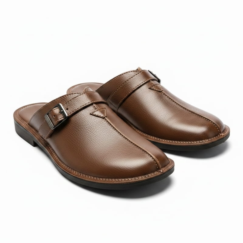 William Buckled Leather Mule Loafers – Cushioned Comfort Slip-On Shoes