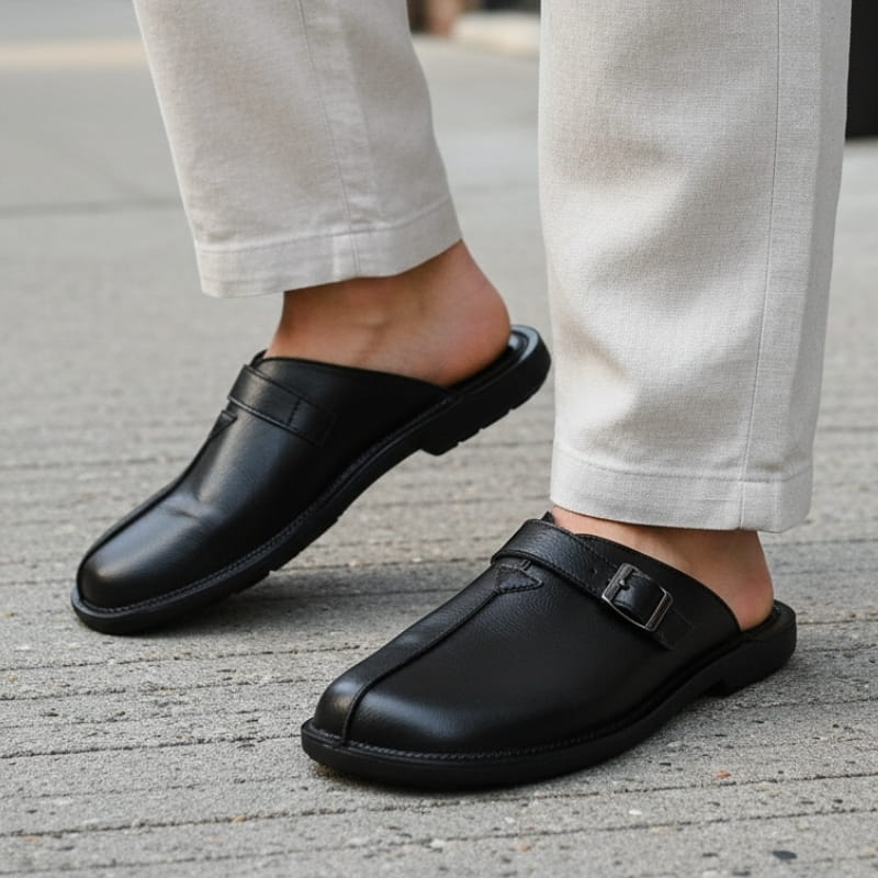 William Buckled Leather Mule Loafers – Cushioned Comfort Slip-On Shoes