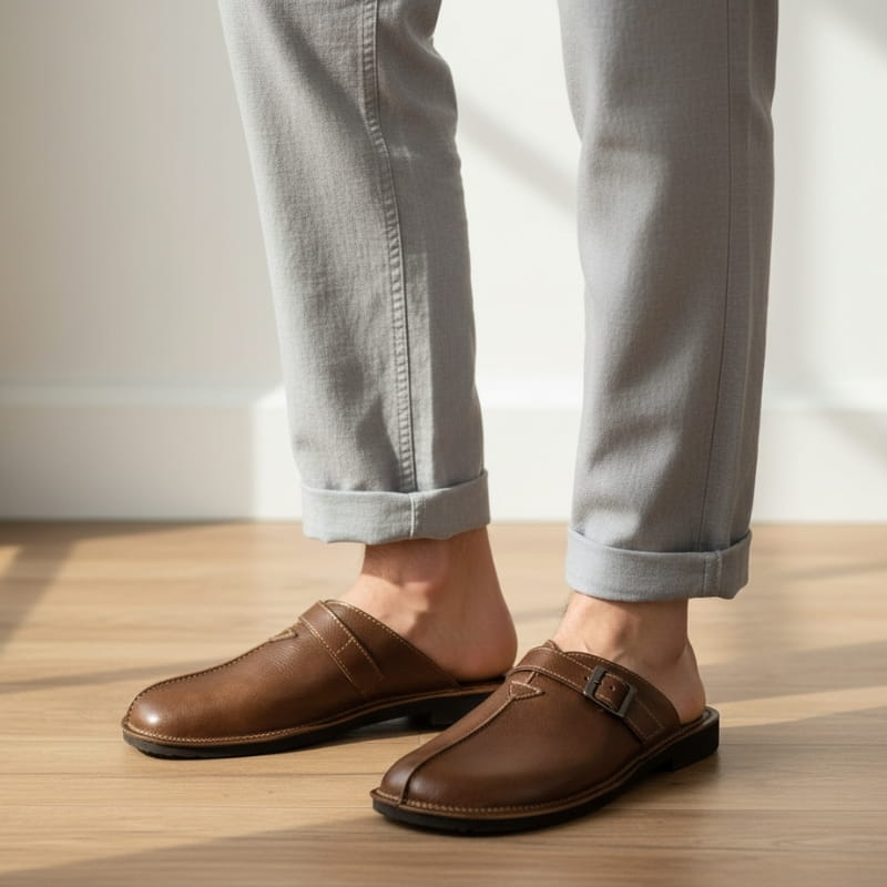 William Buckled Leather Mule Loafers – Cushioned Comfort Slip-On Shoes