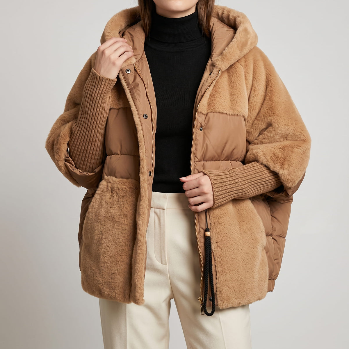 Brown parka worn open over a black turtleneck and cream trousers