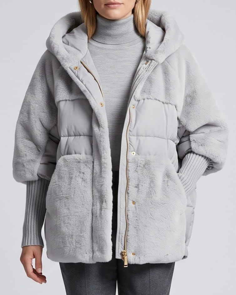 Gray parka worn open showing the zip front, snap placket and ribbed cuffs