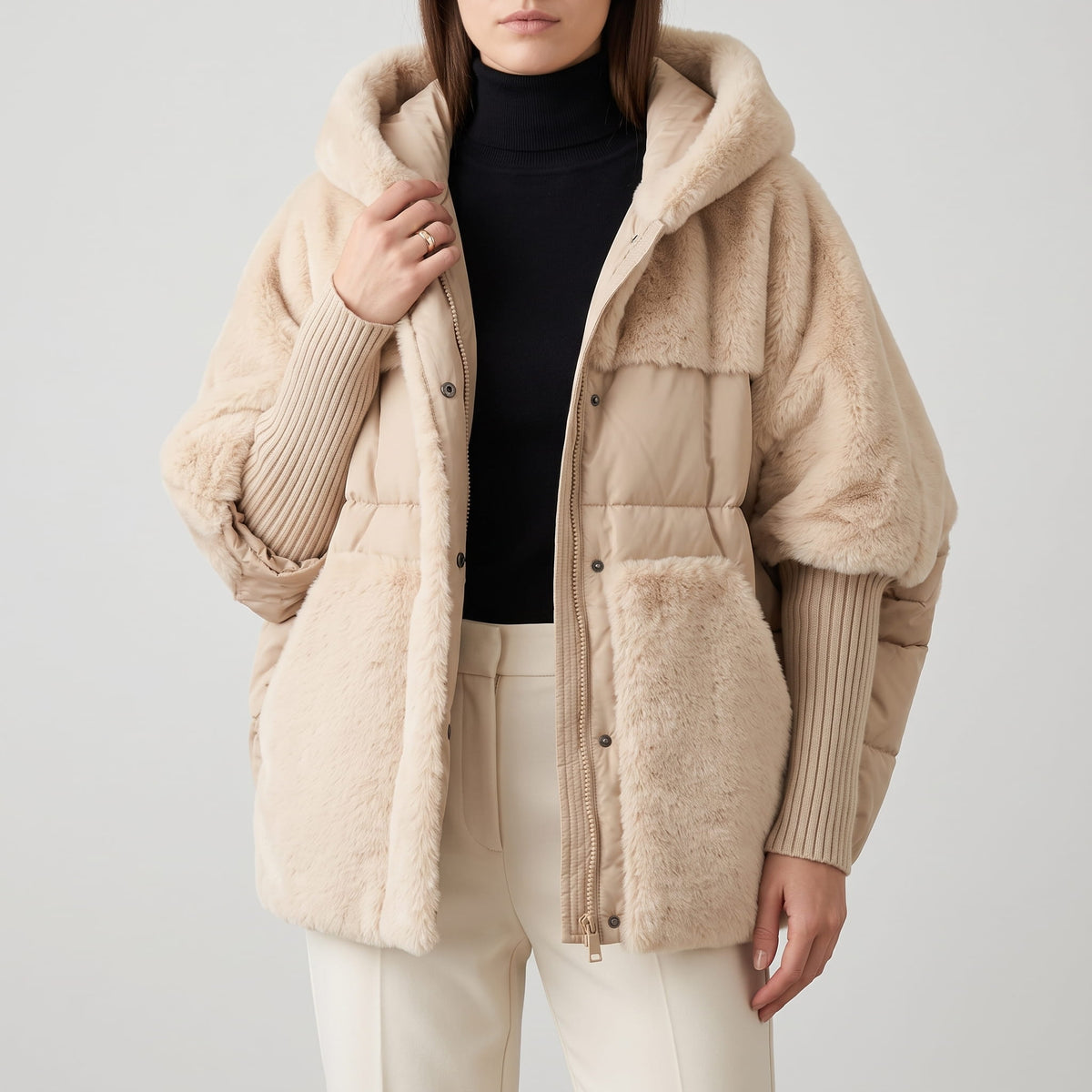 Light beige parka held open over a black turtleneck and cream trousers