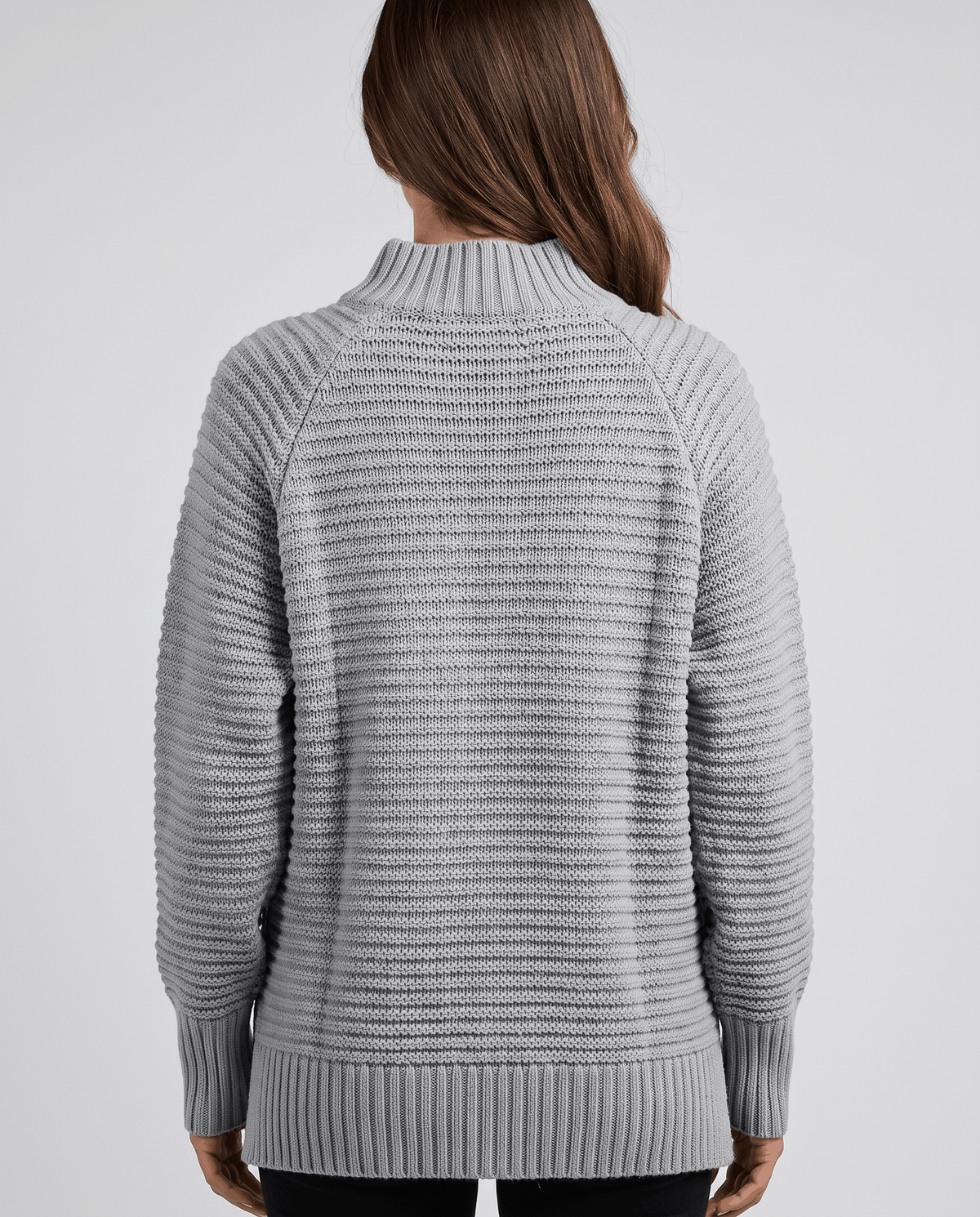 Back view of gray textured knit sweater with dropped shoulders and ribbed hem