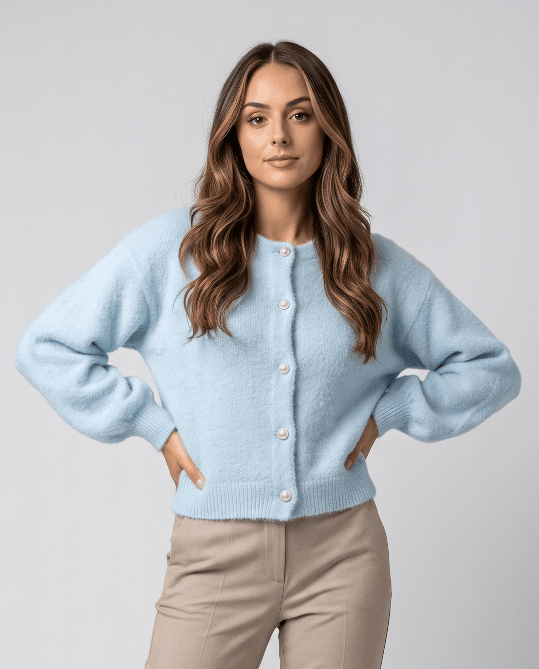 Light blue cardigan with hands on hips and beige trousers