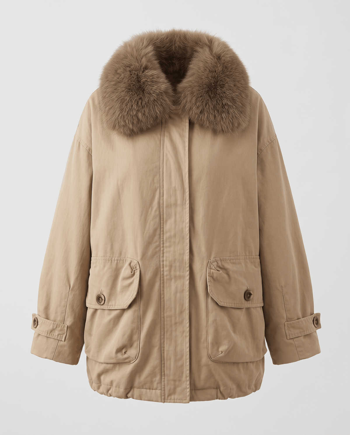 Khaki parka shown on its own with plush collar and flap cargo pockets