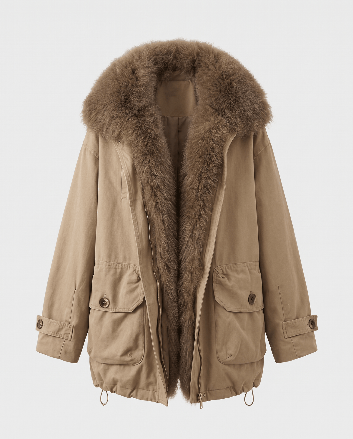 Khaki parka laid open showing the plush-lined front and drawstring hem