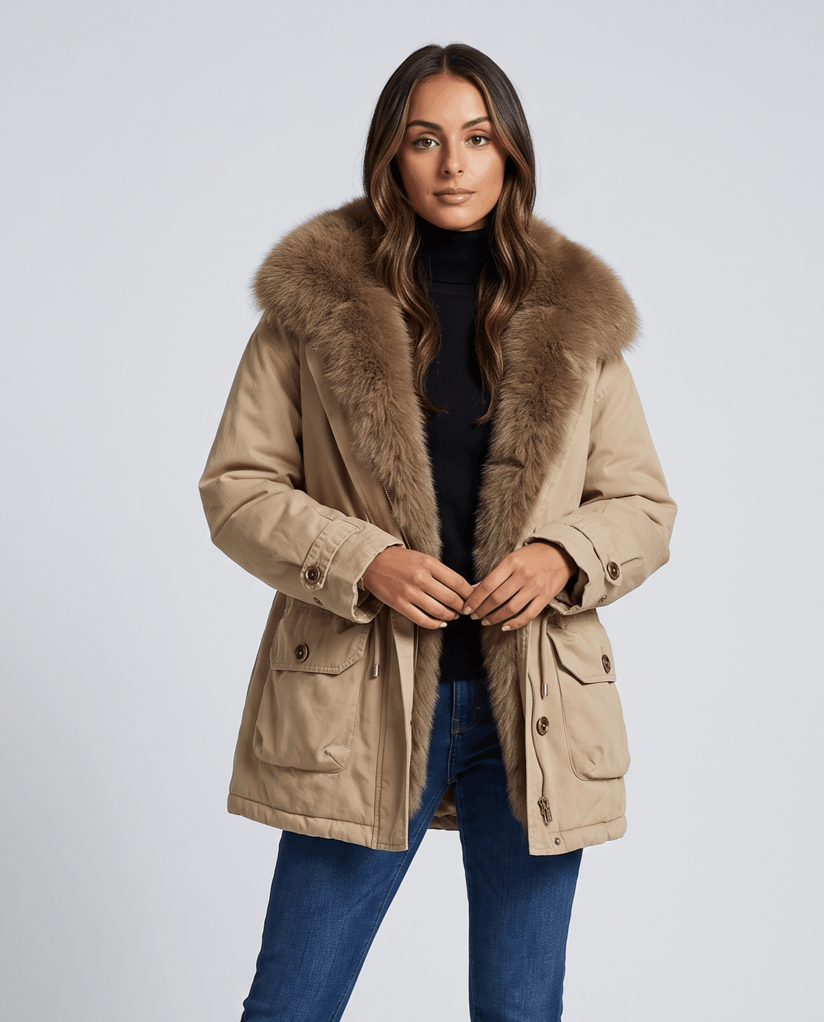 Woman in khaki plush-collar cotton parka over a black turtleneck and blue jeans