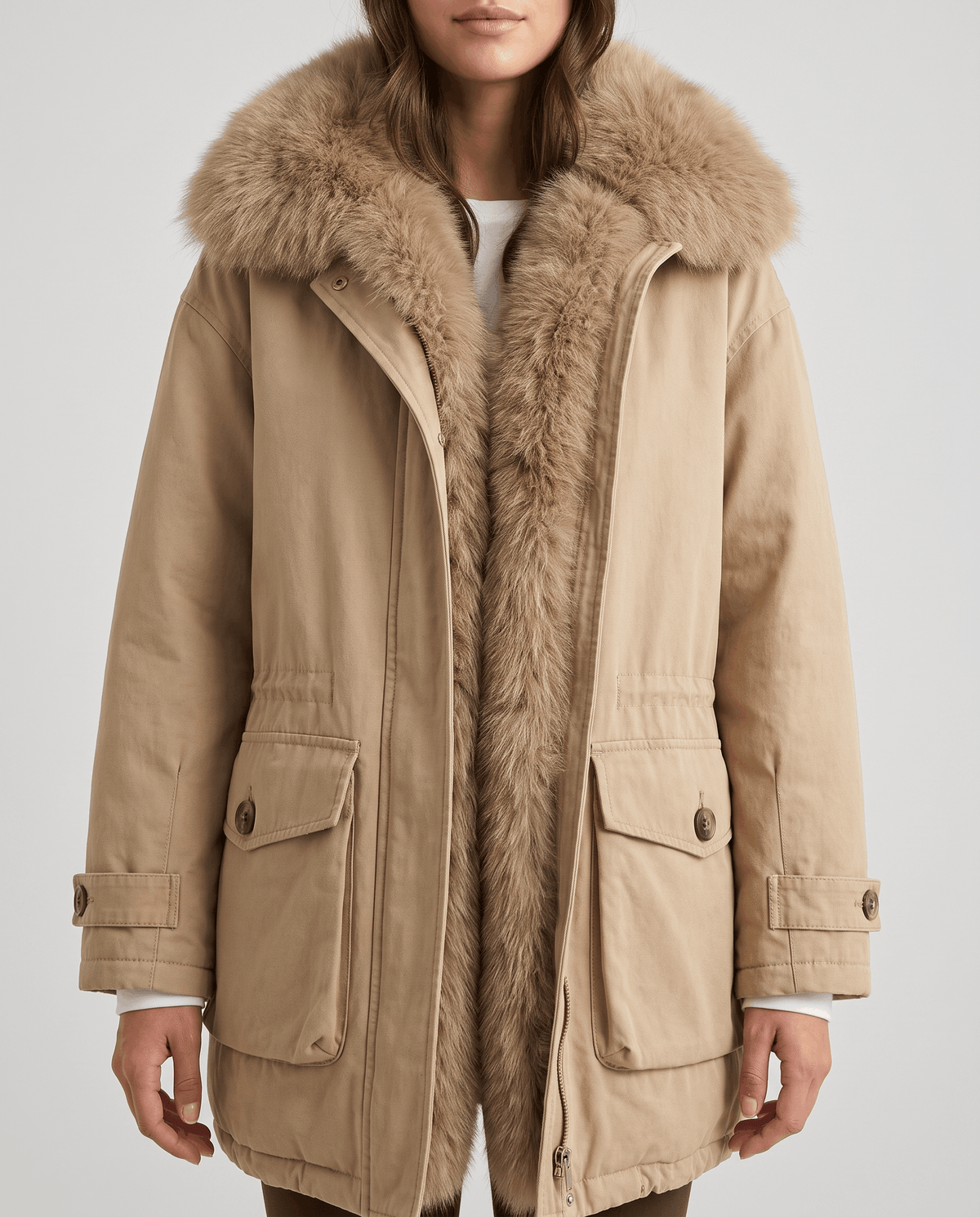Khaki parka worn open showing the plush trim down the front edges