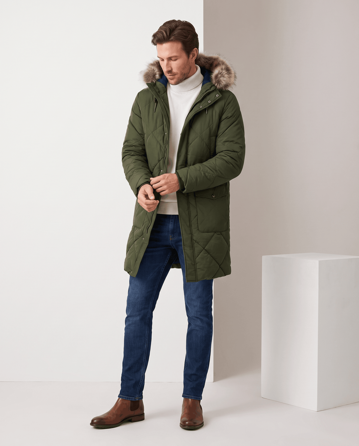 Men's army green quilted long parka, full-length view