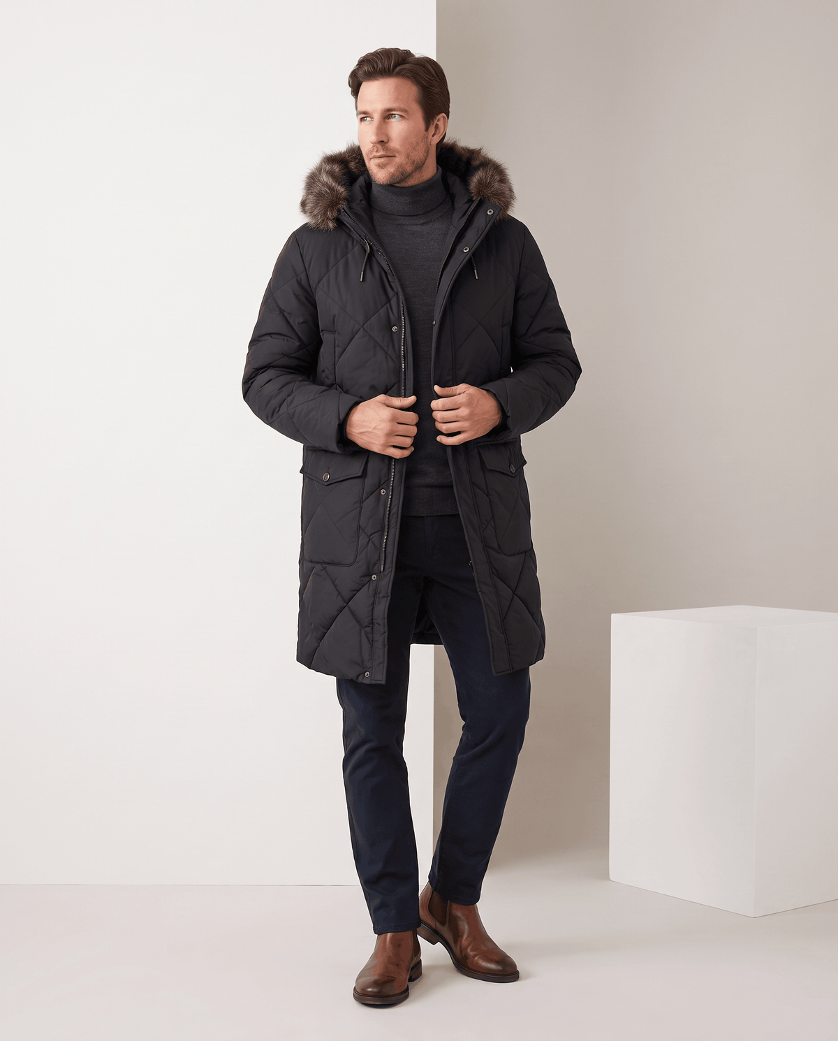 Men's black quilted long parka, full-length view