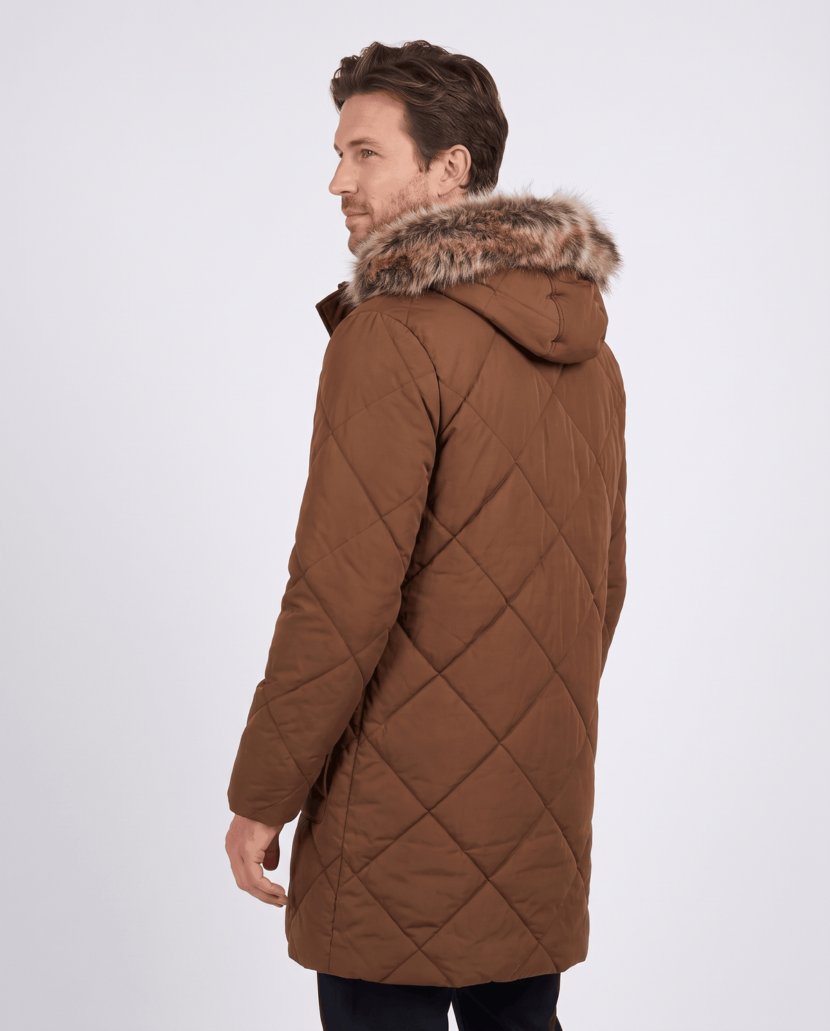Men's brown quilted long parka, back view