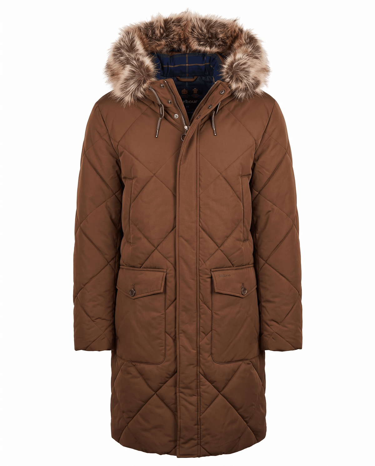 Brown quilted long parka laid flat, front view
