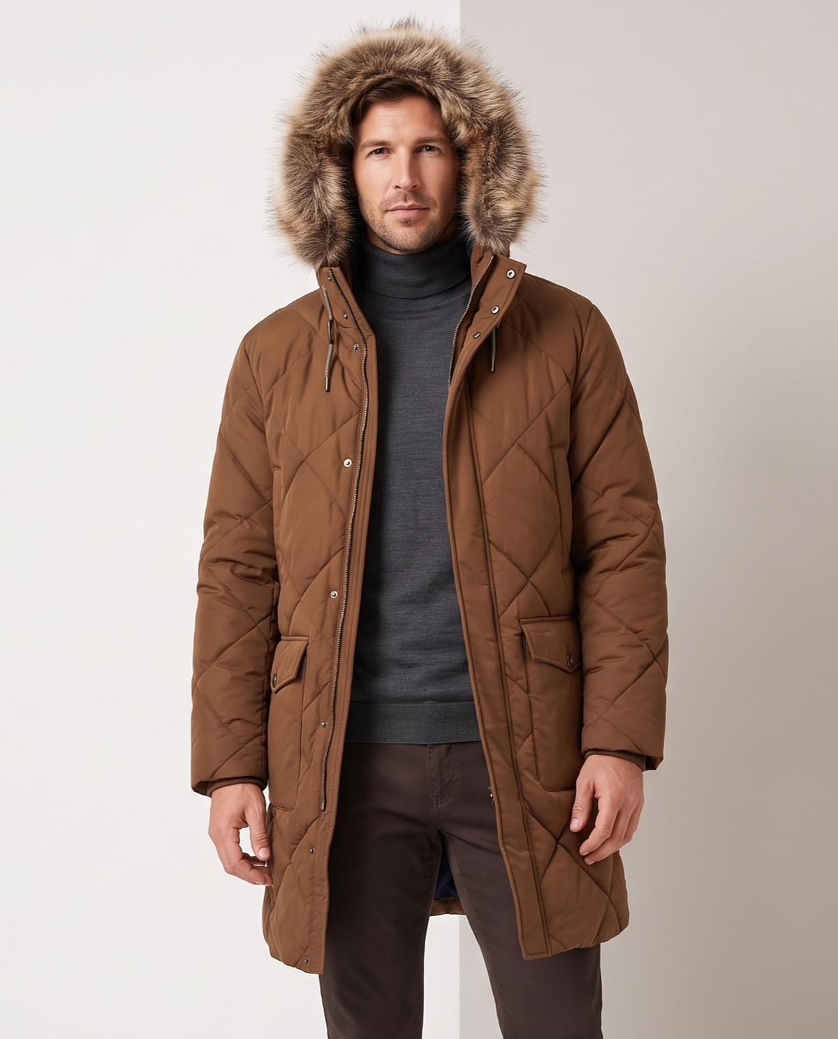 Men's brown quilted long parka, front view with fur-trim hood