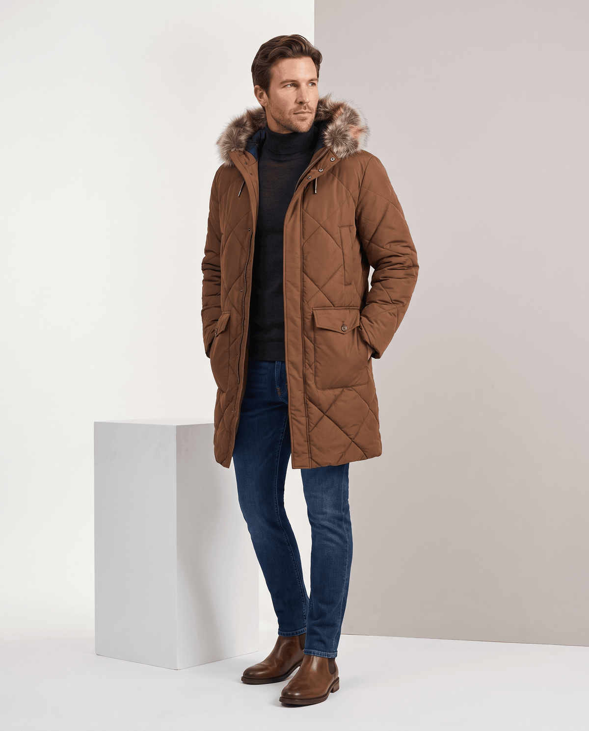 Men's brown quilted long parka, full-length view