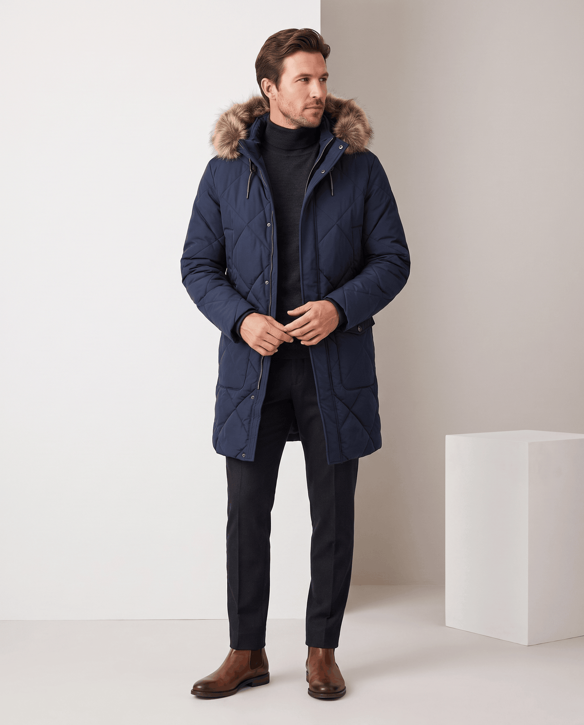 Men's navy blue quilted long parka, full-length view