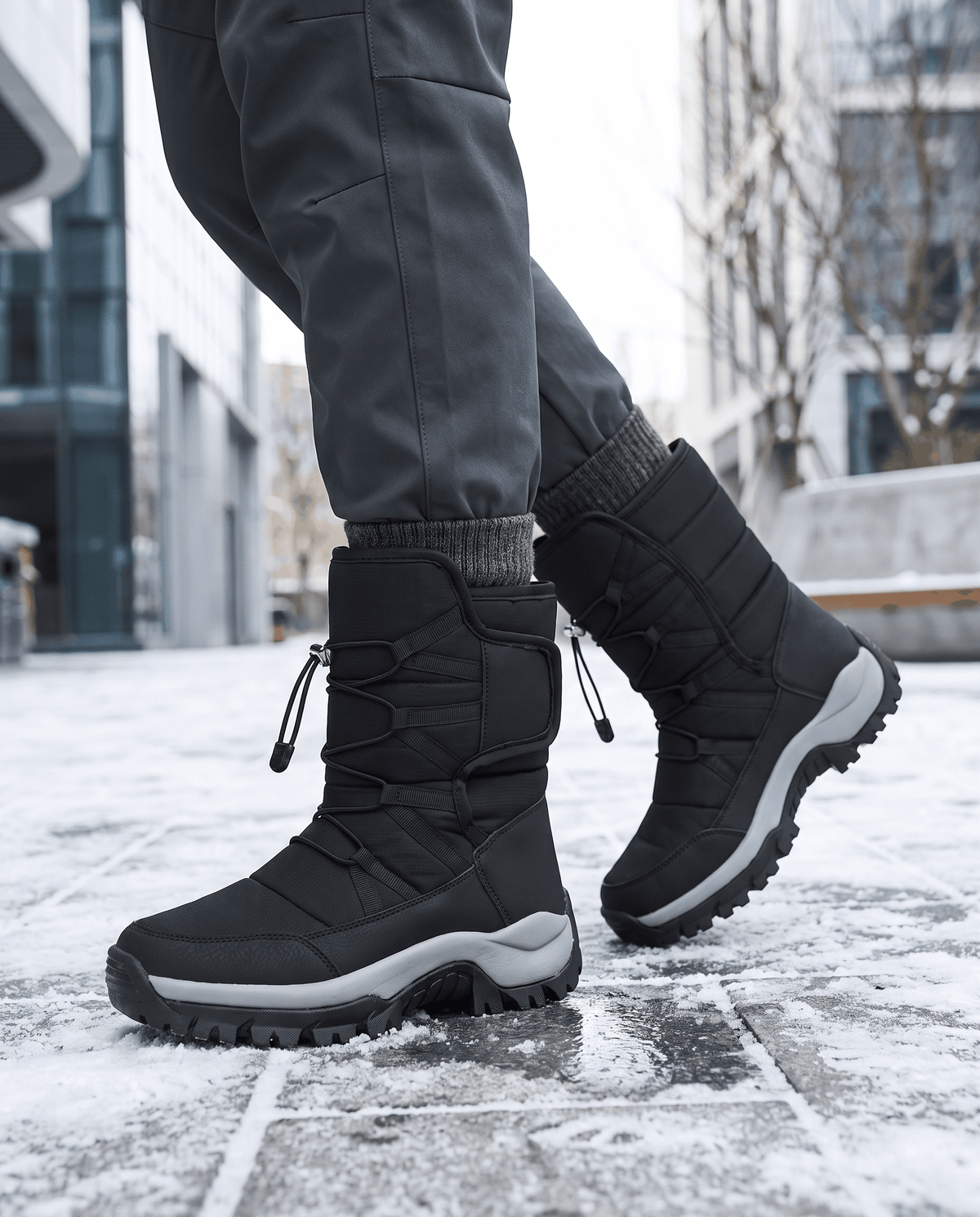 Man wearing black quilted lug-sole boots with dark jeans on a snow-dusted pavement