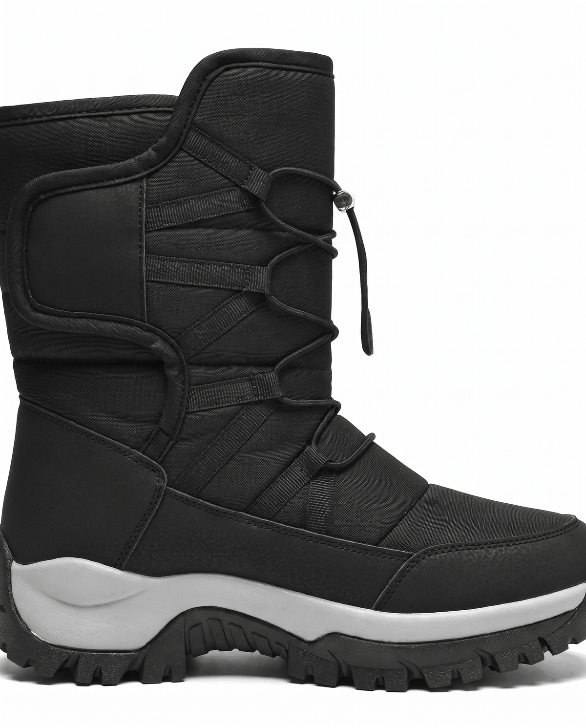 Side profile of a black quilted boot with drawstring top and thick gray-striped sole