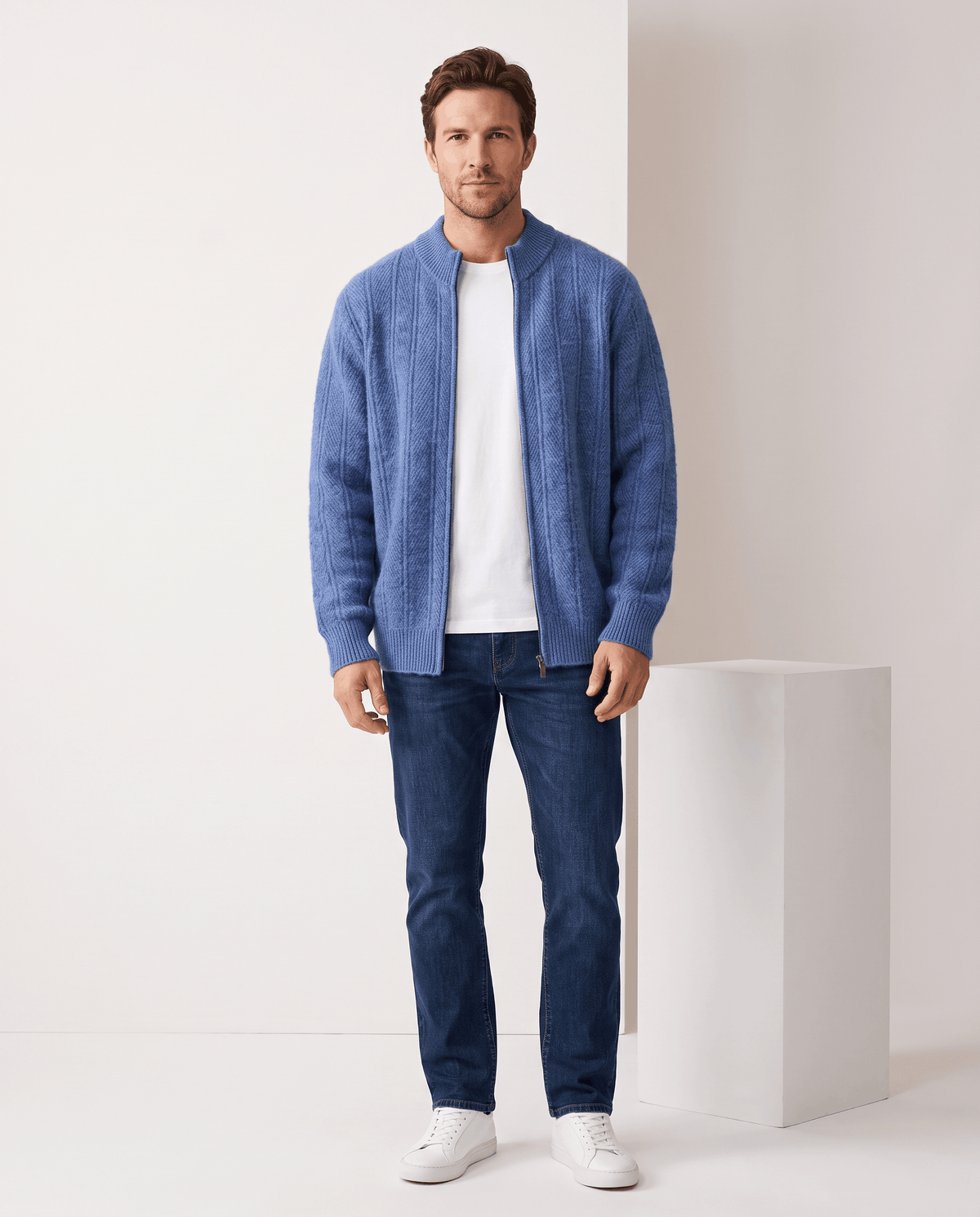 Full-length look with the blue cardigan, dark jeans and white sneakers