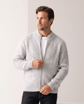 Men's ribbed full-zip cardigan sweater in light gray over a white tee