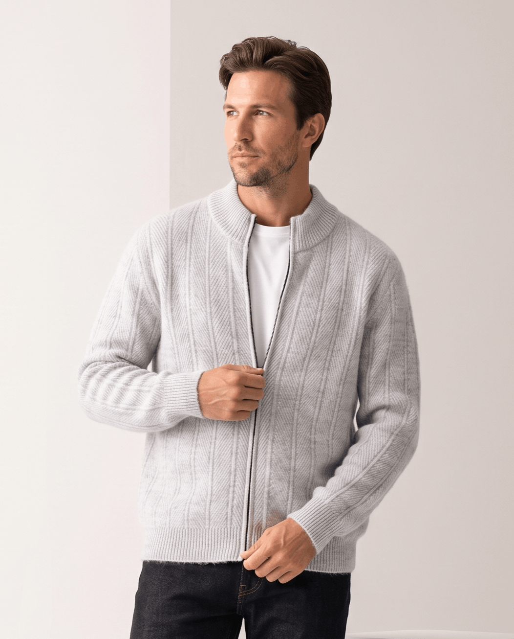 Men's ribbed full-zip cardigan sweater in light gray over a white tee