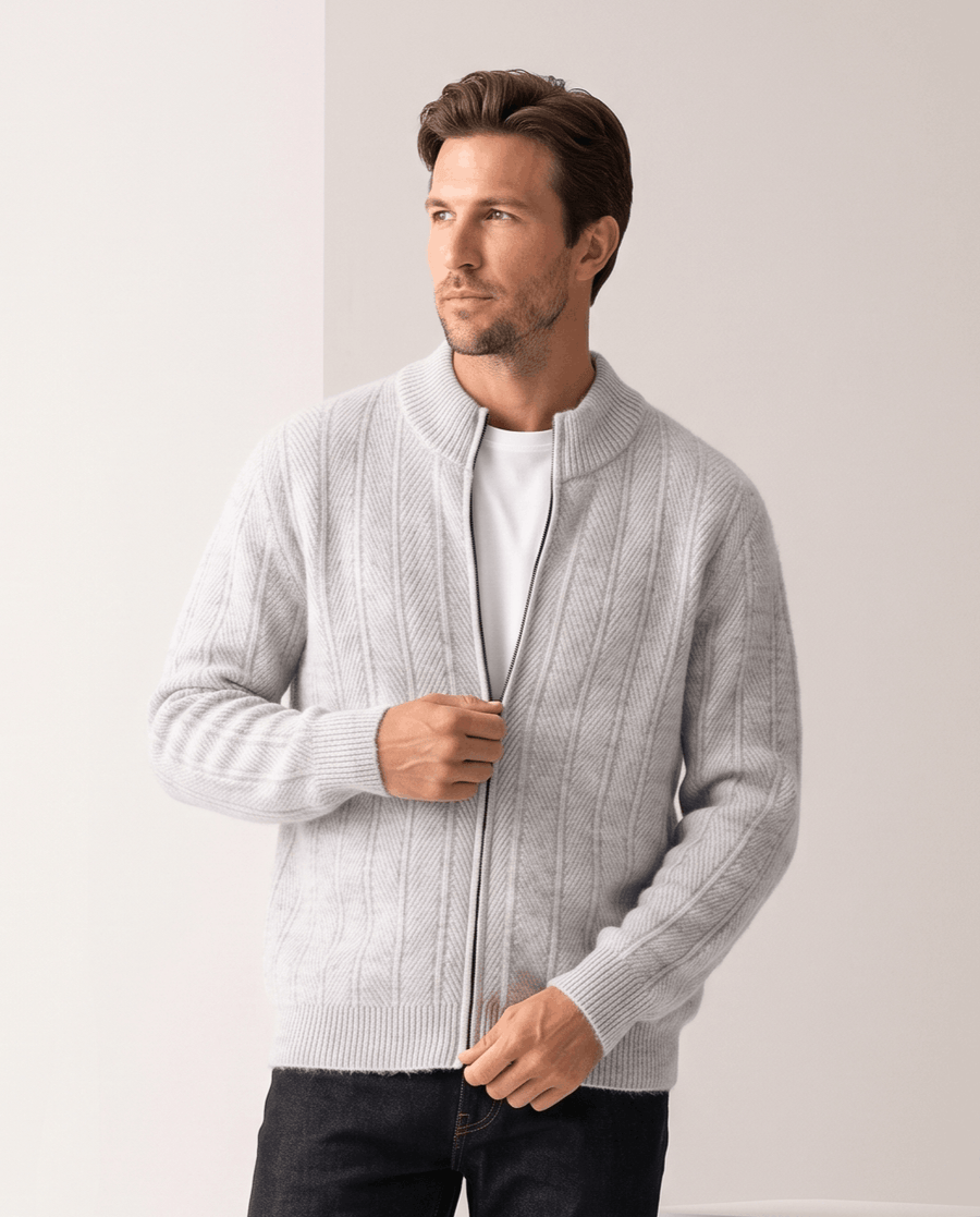 Ribbed Full-Zip Cardigan Sweater – Stand Collar, Long Sleeve & Thick Knit | Vidar