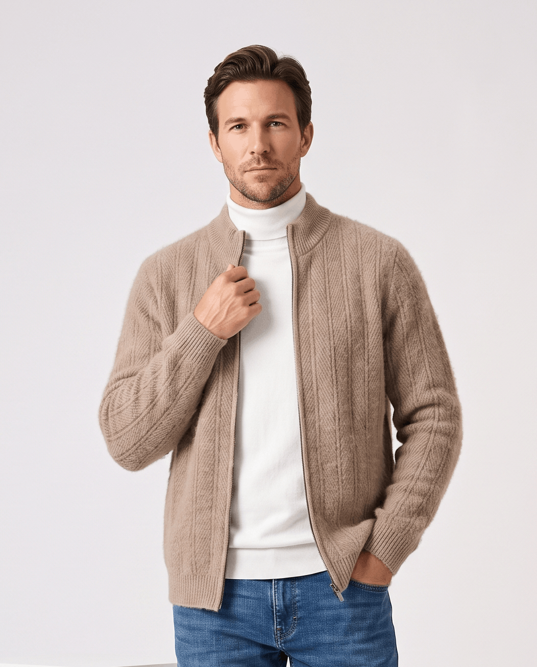 Taupe cardigan over a white turtleneck with a hand at the zip