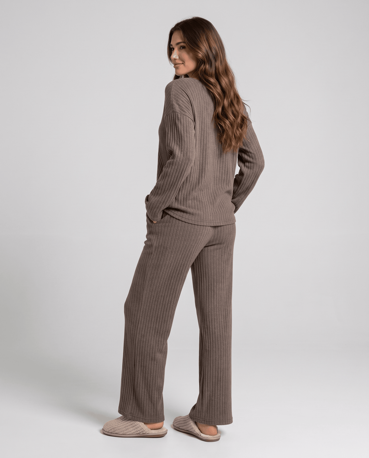 Back view of the brown ribbed knit top and wide-leg pants