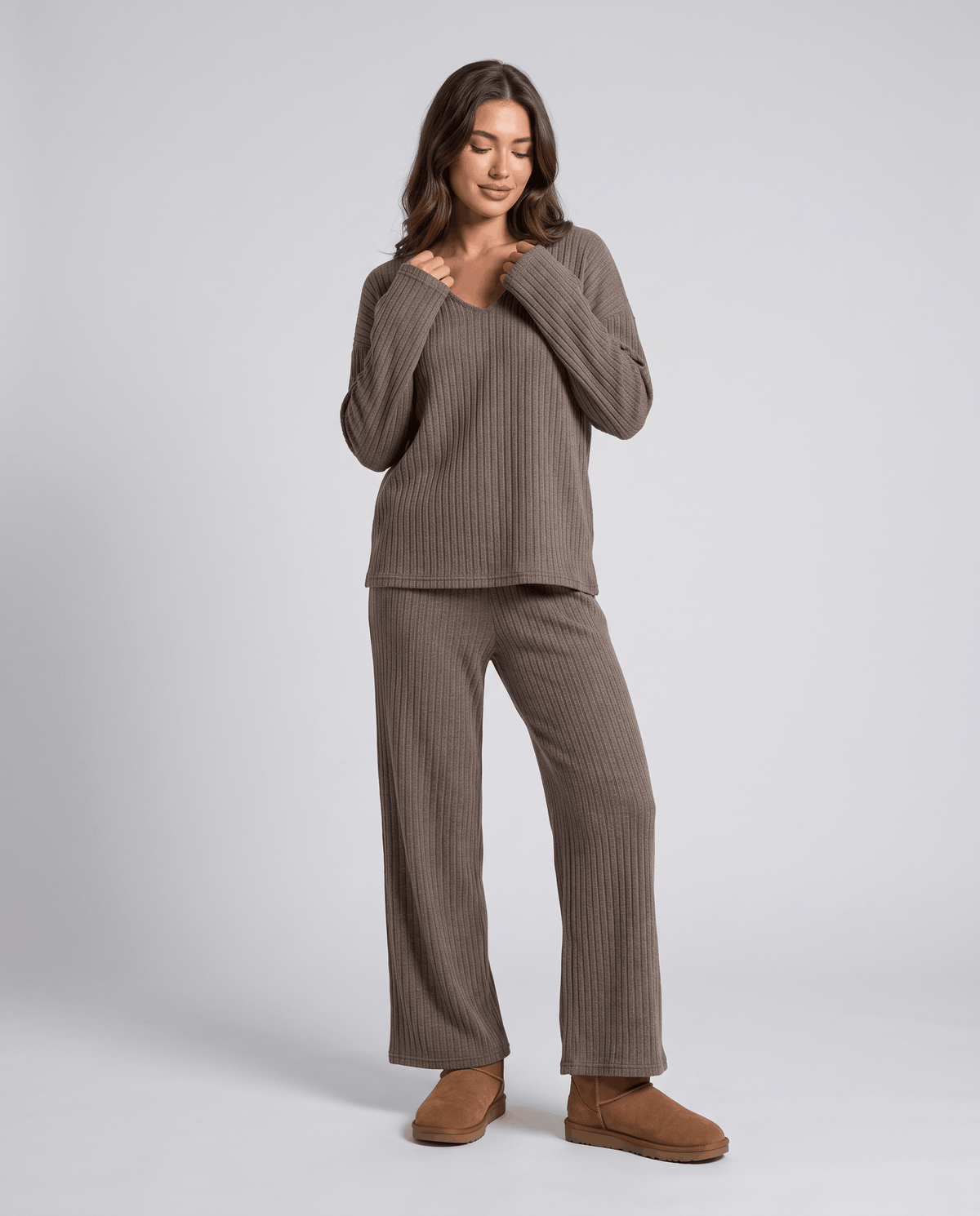 Brown ribbed knit V-neck top and wide-leg pants, front view