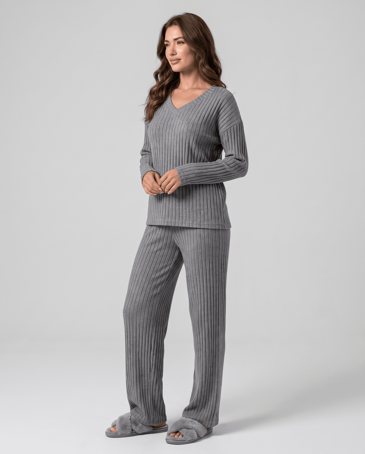 Grey ribbed knit V-neck top and wide-leg pants, front view