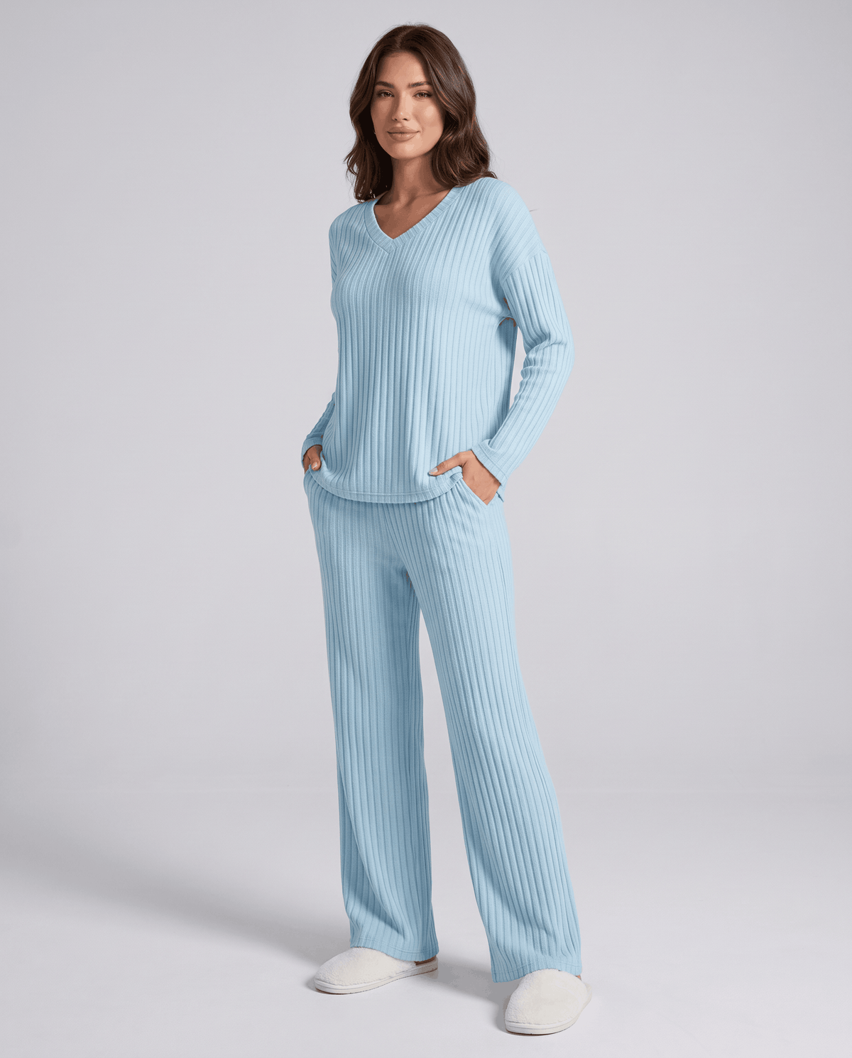 Light blue ribbed knit V-neck top and wide-leg pants, front view