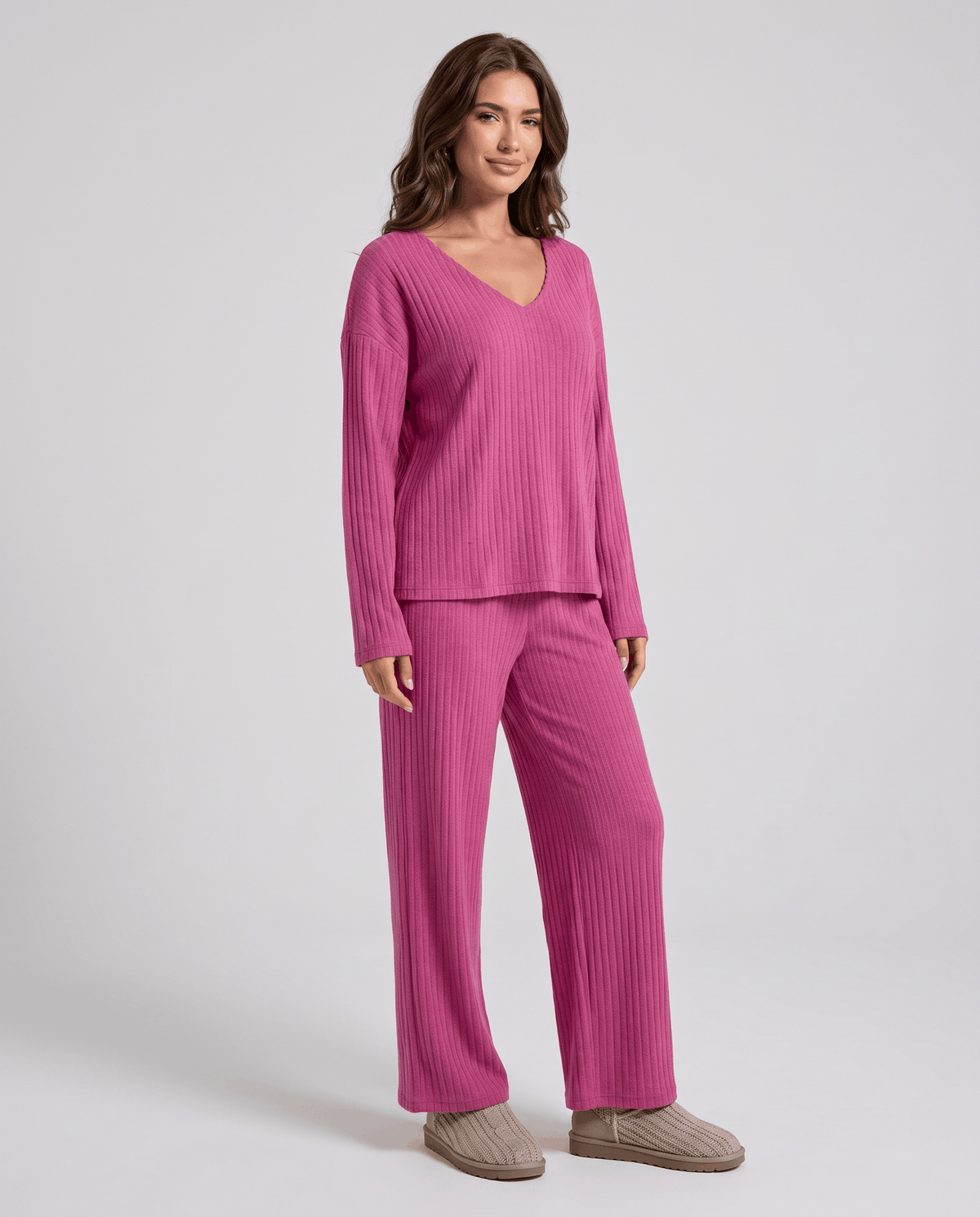 Pink ribbed knit top and wide-leg pants, three-quarter front view
