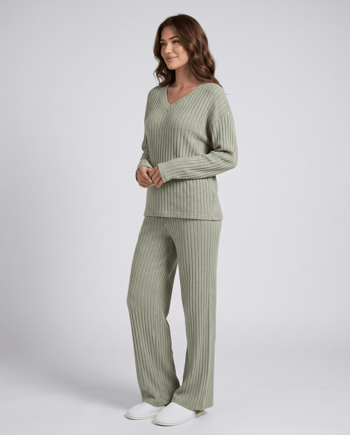 Sage green ribbed knit V-neck top and wide-leg pants, front view