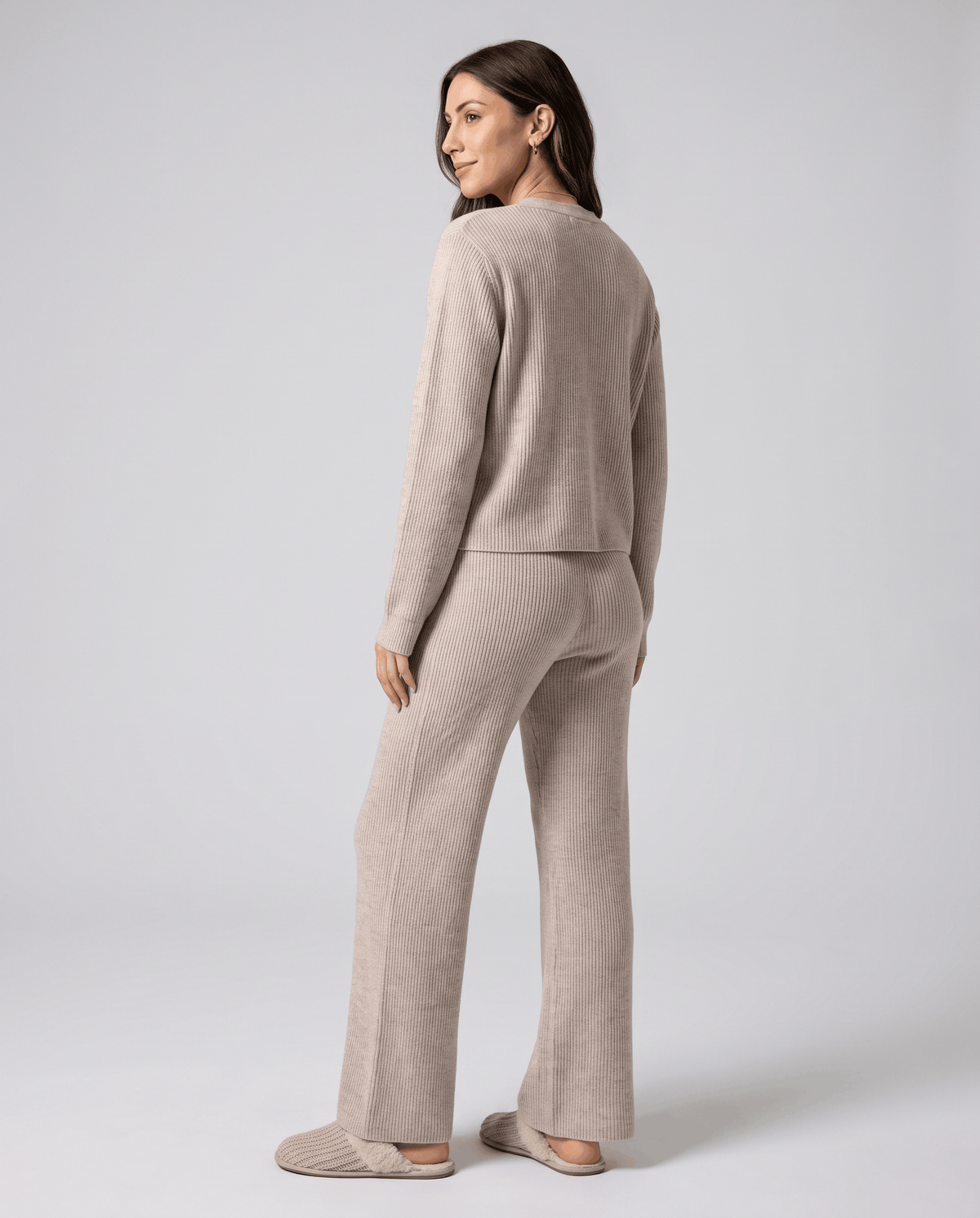 Beige ribbed knit loungewear set with wide-leg pants, back view