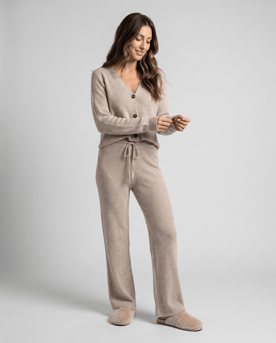 Ribbed Knit Loungewear Set – Cardigan Top & Drawstring Wide-Leg Pants | Maja