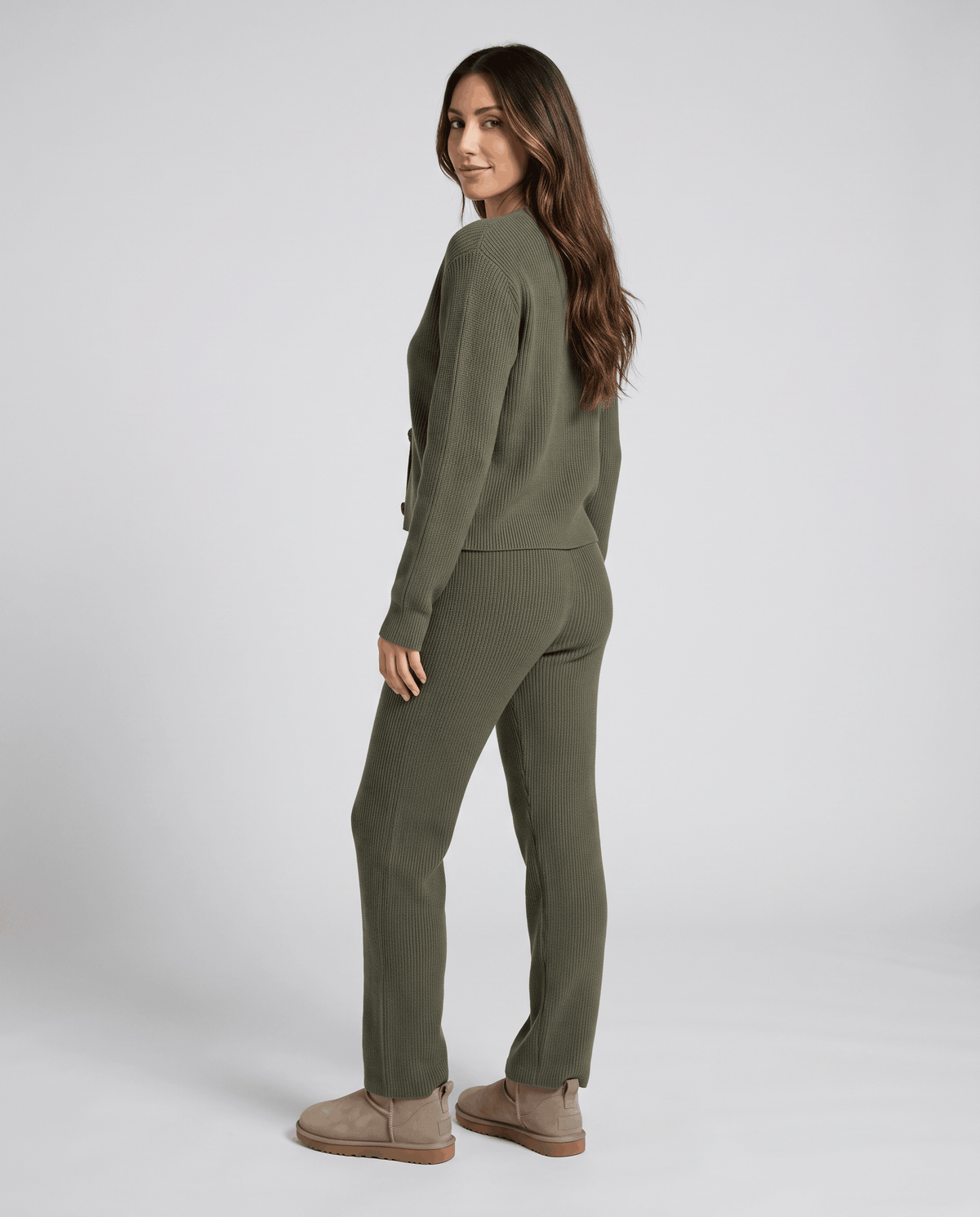 Olive green ribbed knit loungewear set, three-quarter back view