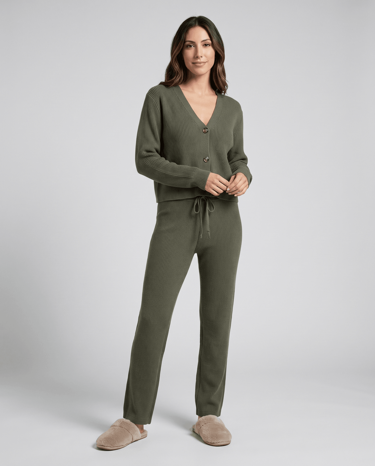 Olive green button-front knit cardigan and wide-leg pants loungewear set, front view