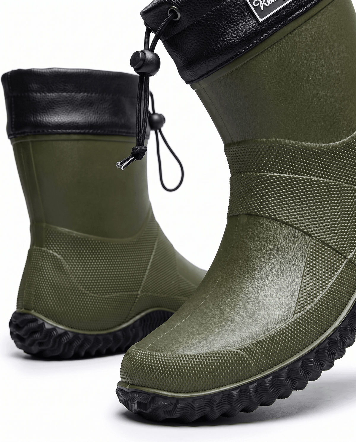 Close view of army green boot with black drawstring collar and textured toe