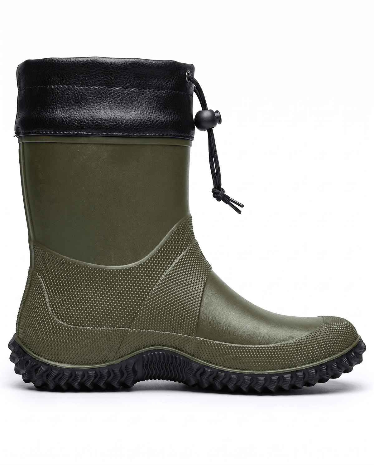 Side view of a single army green boot with black collar and lug sole