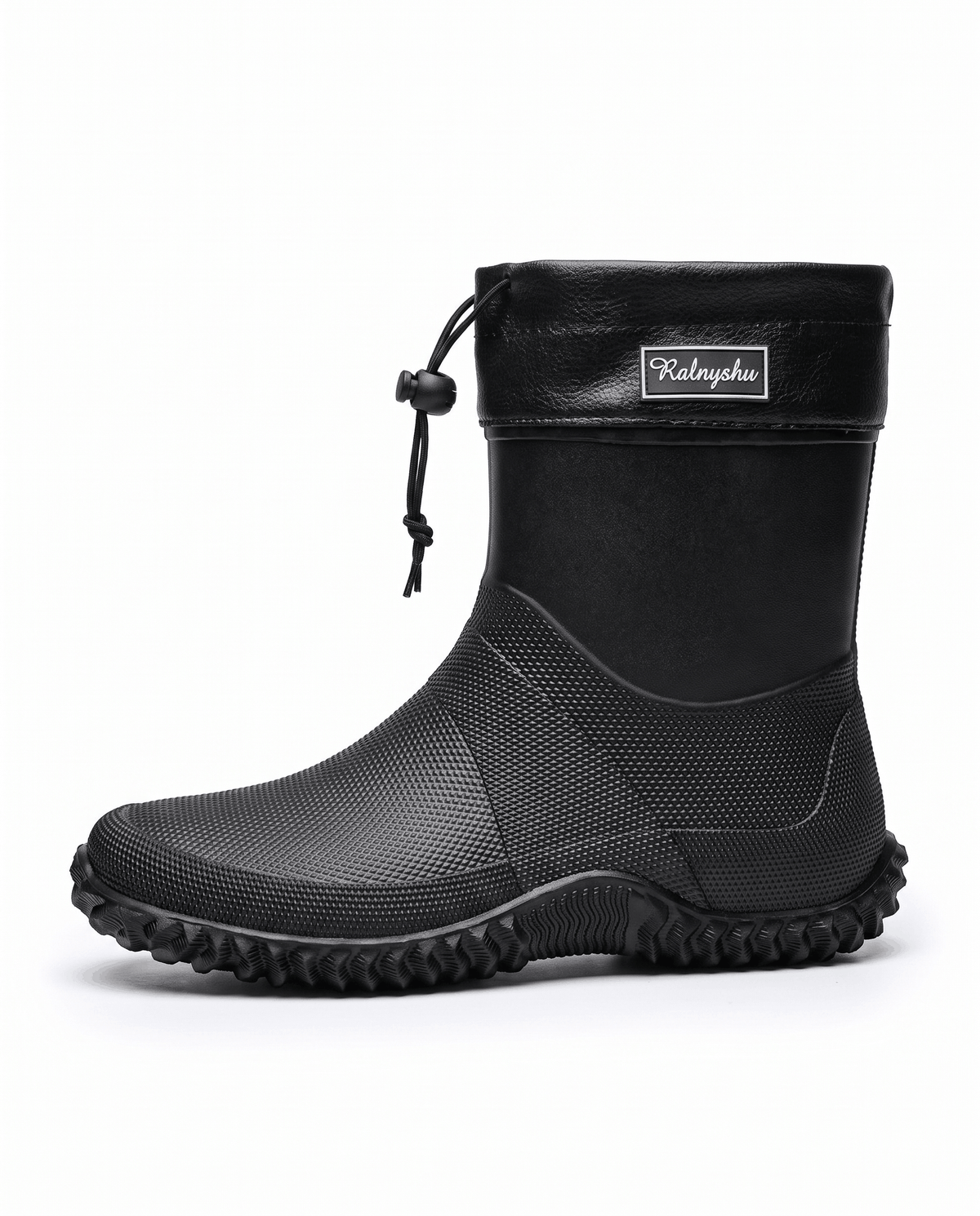 Side view of a single black rubber boot with drawstring collar and lug sole