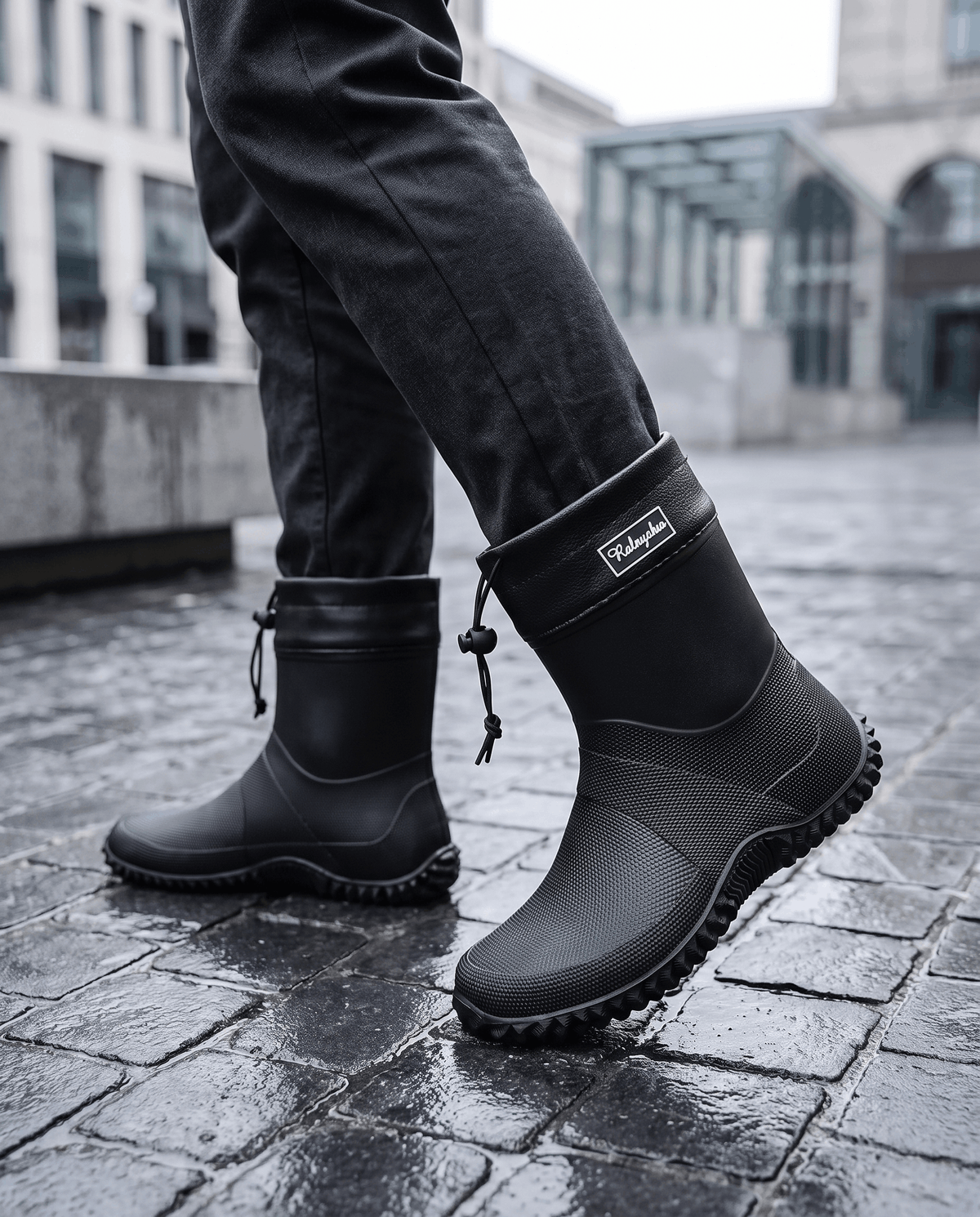 Legs in dark jeans walking in black rubber boots on wet cobblestones